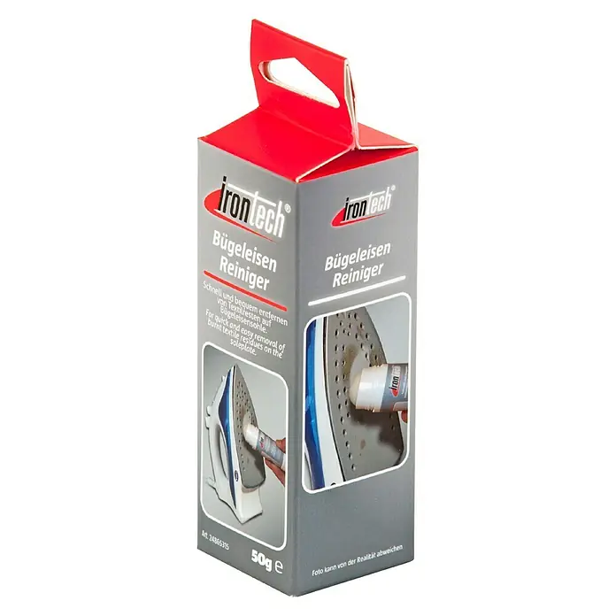 Bügeleisen-Reinigungsstift - 50 g - Verpackung des Iron Tech Bügeleisen Reinigers zur schnellen und einfachen Entfernung von Textilresten von Bügeleisensohlen.