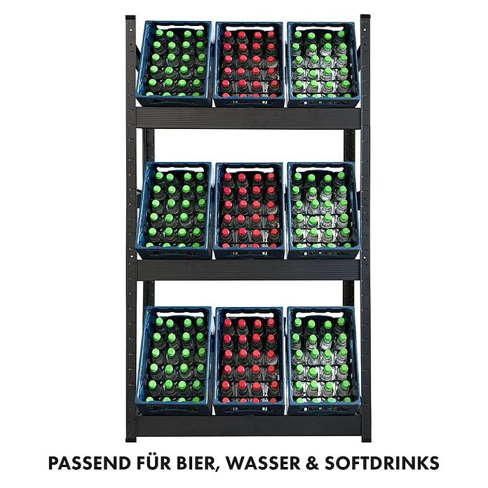 Floordirekt Getränkekistenregal Osaka - H x B x T: 160 x 80 x 30 cm, Traglast pro Boden: 100 kg, Anzahl Böden: 3 Stk., Stecken, Schwarz - Regal mit Bier-, Wasser- und Softdrinkflaschen in blauen Kästen, ideal für die Lagerung.