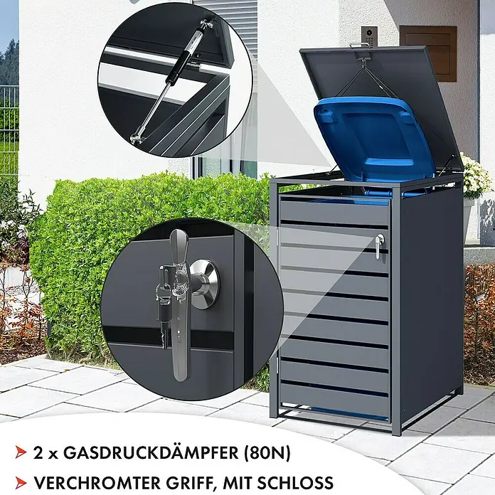 Floordirekt Mülltonnenbox Magnus - Stahl, Anthrazit, Geeignet für Anzahl Mülltonnen: 1 Stk. - Mülltonnenbox aus Metall mit Gasdruckdämpfern und verchromtem Griff mit Schloss für mehr Komfort und Sicherheit.