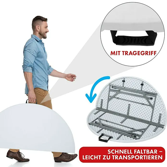 Floordirekt Gartentisch rund Shiga - Ø x H: 120 x 74 cm, Kunststoff, Rund, Weiß - Bild zeigt einen tragbaren, klappbaren runden Tisch mit Tragegriff für einfachen Transport und Lagerung. Schnell faltbar und leicht zu transportieren.