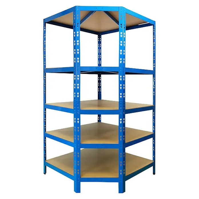 Floordirekt Eckregal - H x B x T: 180 x 90 x 42 cm, Traglast pro Boden: 175 kg, Anzahl Böden: 5 Stk., Stecken, Blau - Blaues Eckregal mit fünf Holzablagen, ideal zur Raumnutzung in Ecken. Das Regal bietet viel Stauraum für diverse Gegenstände.