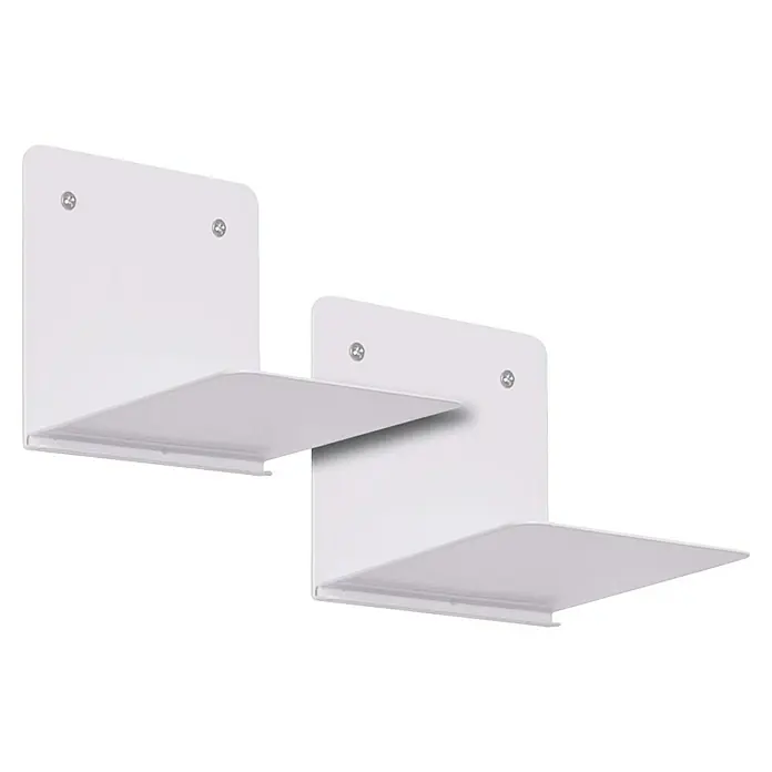 Element System Bücherregal Aladin - L x B x H: 11,5 x 12,5 x 12,3 cm, 8 kg, Weiß, 2 Stk. - Zwei schwebende weiße Regale sind an einer Wand befestigt und bieten eine minimalistische und platzsparende Aufbewahrungslösung.