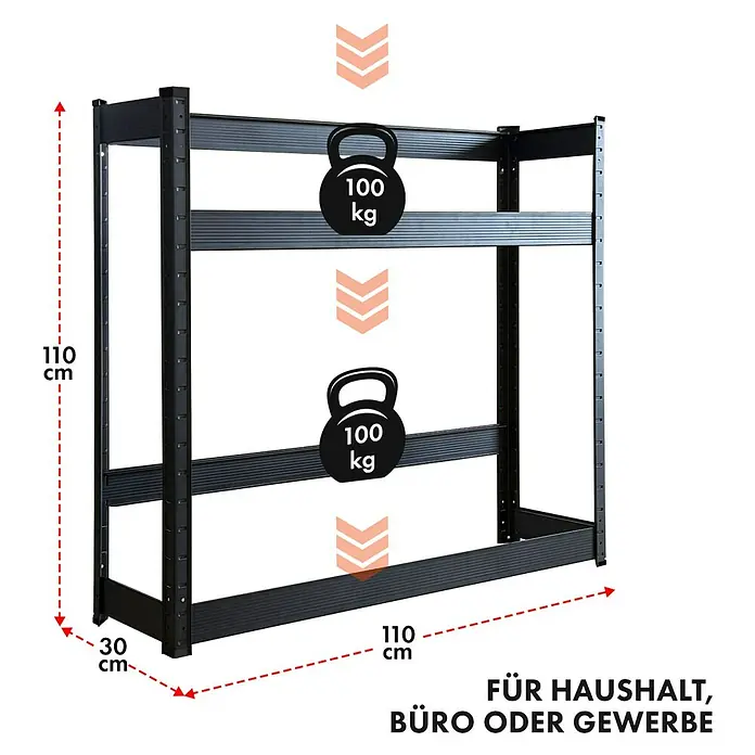 Floordirekt Getränkekistenregal Osaka - H x B x T: 110 x 110 x 30 cm, Traglast pro Boden: 100 kg, Anzahl Böden: 2 Stk., Stecken, Schwarz - Das Bild zeigt ein schwarzes Schwerlastregal mit den Maßen 110x110x30 cm und einer Traglast von 100 kg pro Ebene.