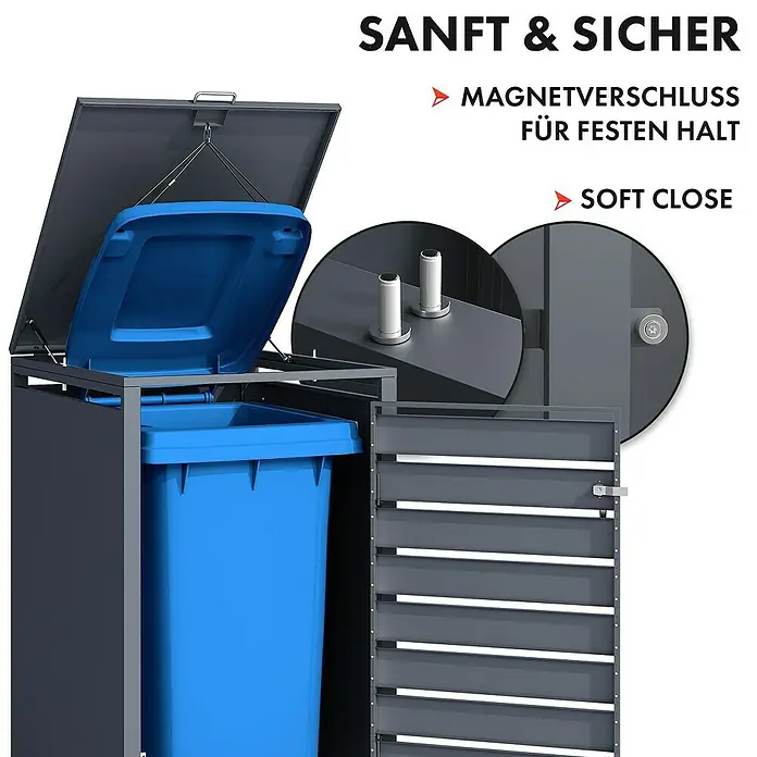 Floordirekt Mülltonnenbox Magnus - Stahl, Anthrazit, Geeignet für Anzahl Mülltonnen: 1 Stk. - Mülltonnenbox für eine Tonne mit Deckel, Magnetverschluss und Soft-Close-Funktion.