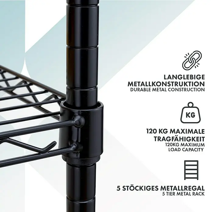 Floordirekt Gitterregal Maya - H x B x T: 150 x 34 x 89 cm, Traglast pro Boden: 24 kg, Anzahl Böden: 5 Stk., Stecken, Schwarz - Detailansicht eines schwarzen Metallregals mit fünf Böden, das eine maximale Tragfähigkeit von 120 kg pro Boden hat.