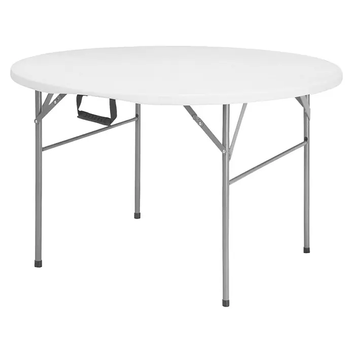 Floordirekt Gartentisch rund Shiga - Ø x H: 120 x 74 cm, Kunststoff, Rund, Weiß - Weißer runder Klapptisch mit silbernem Metallgestell, ideal für Veranstaltungen und Catering. Praktisch und platzsparend.