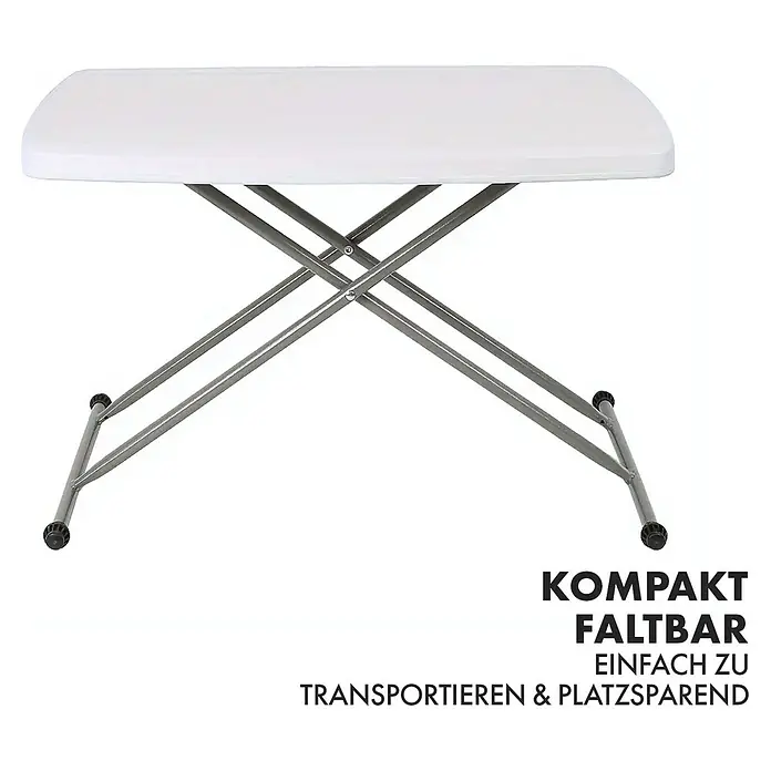 Floordirekt Balkontisch Nara - L x B x H: 75,5 x 49 x 76 cm, Kunststoff, Rechteckig, Weiß - Das Bild zeigt einen kompakten, faltbaren Tisch mit weißer Tischplatte und grauem Gestell. Ideal für den Transport und platzsparende Lagerung.