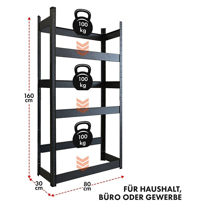 Floordirekt Getränkekistenregal Osaka (H x B x T: 160 x 80 x 30 cm, Traglast pro Boden: 100 kg, Anzahl Böden: 3 Stk., Stecken, Schwarz) | BAUHAUS