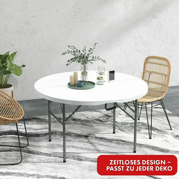 Floordirekt Gartentisch rund Shiga - Ø x H: 120 x 74 cm, Kunststoff, Rund, Weiß - Ein runder, weißer Klapptisch mit Stahlbeinen und Deko-Elementen, ideal für den Innen- und Außenbereich.