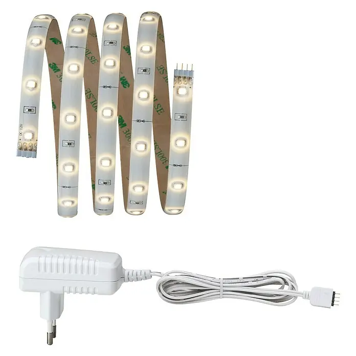Paulmann Tira LED YourLED - Largo: 1,5 m, Color de luz: Blanco cálido, 4,5 W, 400 lm, 12 V - Imagen del producto de una tira de LED con una fuente de alimentación. La tira de LED está enrollada y tiene un respaldo autoadhesivo.