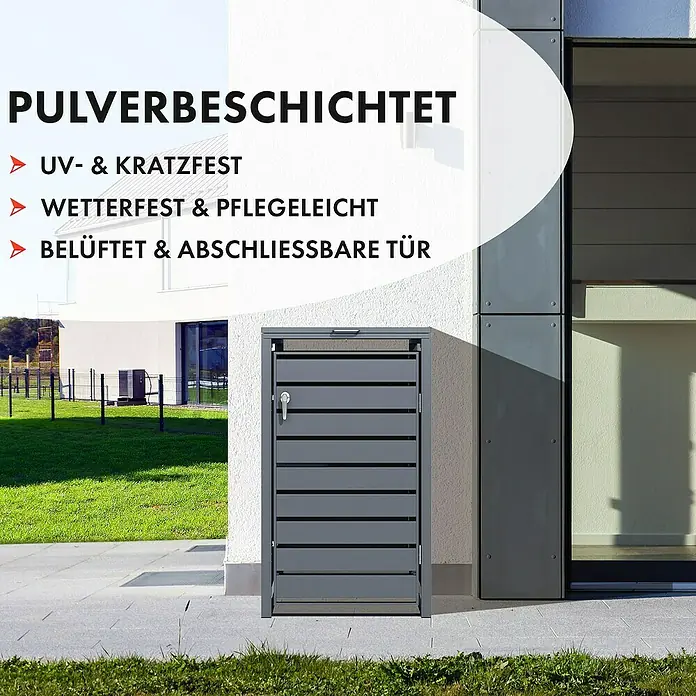 Floordirekt Mülltonnenbox Magnus - Stahl, Anthrazit, Geeignet für Anzahl Mülltonnen: 1 Stk. - Grauer Mülltonnenbox mit horizontalen Lamellen. Pulverbeschichtet, UV- & Kratzfest, wetterfest & pflegeleicht, belüftet & abschliessbare Tür.