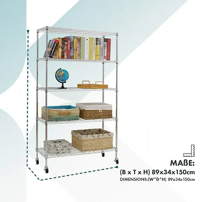 Floordirekt Gitterregal Maya - H x B x T: 150 x 34 x 89 cm, Traglast pro Boden: 24 kg, Anzahl Böden: 5 Stk., Stecken, Chrom - Ein fünfstöckiges Chromregal mit Büchern und Körben, ideal zur Organisation und Aufbewahrung verschiedener Gegenstände im Haushalt.
