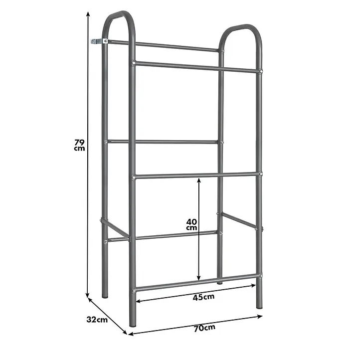 Floordirekt Getränkekistenregal Rocket - H x B x T: 115,5 x 49,5 x 32,5 cm, Traglast pro Boden: 17 kg, Anzahl Böden: 3 Stk., Stecken, Schwarz - Abbildung eines grauen Handtuchhalters mit Höhen-, Breiten- und Tiefenmaßen für einen umfassenden Überblick über die Produktabmessungen.