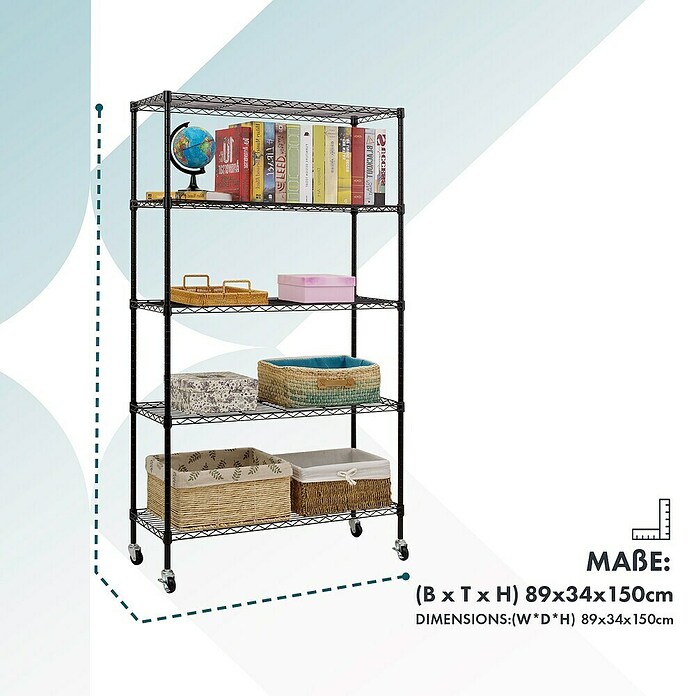 Floordirekt Gitterregal Maya (H x B x T: 150 x 34 x 89 cm, Traglast pro Boden: 24 kg, Anzahl Böden: 5 Stk., Stecken, Schwarz) | BAUHAUS