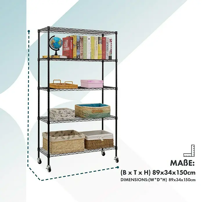 Floordirekt Gitterregal Maya - H x B x T: 150 x 34 x 89 cm, Traglast pro Boden: 24 kg, Anzahl Böden: 5 Stk., Stecken, Schwarz - Ein schwarzes Metallregal mit fünf Ebenen, beladen mit Deko-Objekten und Büchern, wird in diesem Bild präsentiert.