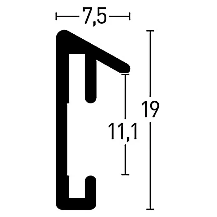 Nielsen Alurahmen Pixel - 50 x 60 cm, Tornadorot - Profilschnittdarstellung mit Maßen. Das Profil ist schwarz und die Maße sind in Millimetern angegeben: 7,5 mm, 11,1 mm und 19 mm.