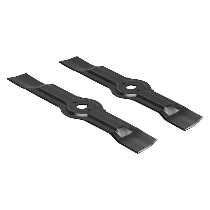Powerworks Ersatzmesser für Rasenmäher - Powerworks Akku-Rasenmäher PD60LM61, 2 Stk. - Zwei schwarze Rasenmähermesser mit zentrierten Löchern liegen auf einem weißen Hintergrund.