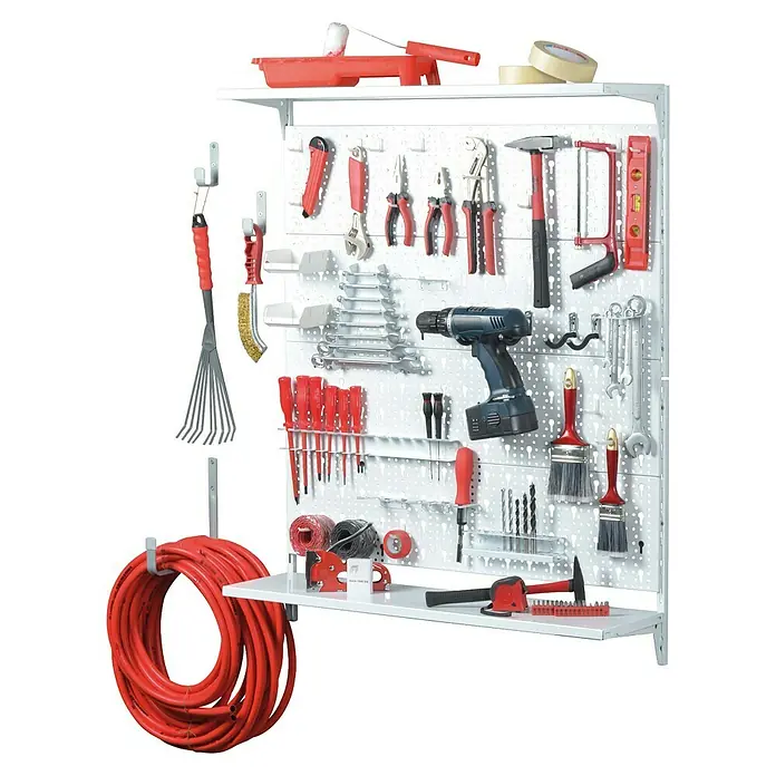 Element System Lochwand-Set Organizer 3 - B x H: 80 x 100 cm - Werkzeugwand mit einer Vielzahl von Werkzeugen, darunter Schraubenzieher, Hammer, Bohrmaschine und Schraubenschlüssel.