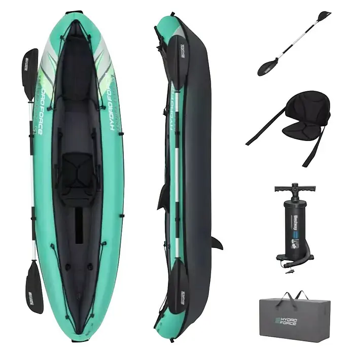 Bestway Hydro Force Kajak Ventura Elite™ X1 - L x B: 280 x 86 cm, Nutzlast: 130 kg, Geeignet für: 1 Person - Bild eines Hydro Force Kajaks mit Paddel, Sitz, Pumpe und Tragetasche. Das aufblasbare Kajak ist ideal für Outdoor-Abenteuer auf dem Wasser.