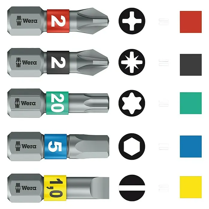 Wera Premium Plus Diamant-Bit 851/1 BDC - PH 1, 25 mm - Bild von Wera-Bits mit Farbcodierung nach Art des Schraubenkopfes, um die Auswahl zu erleichtern. Eine praktische Lösung für jeden Werkzeugkasten!