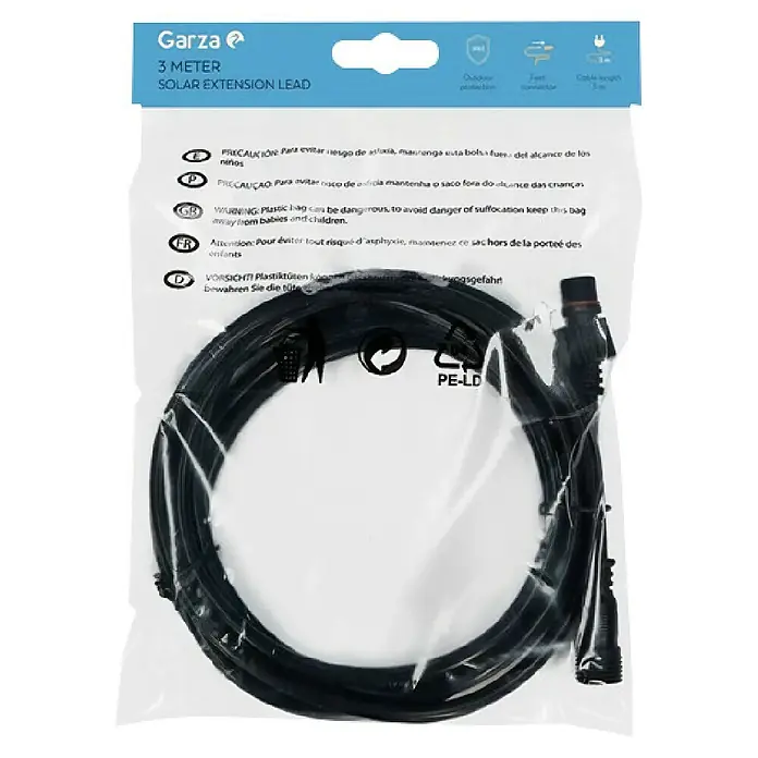 Garza Alargador Abora - Negro - Cable de extensión solar de 3 metros de Garza, perfecto para uso exterior con un conector impermeable y una longitud de cable conveniente.