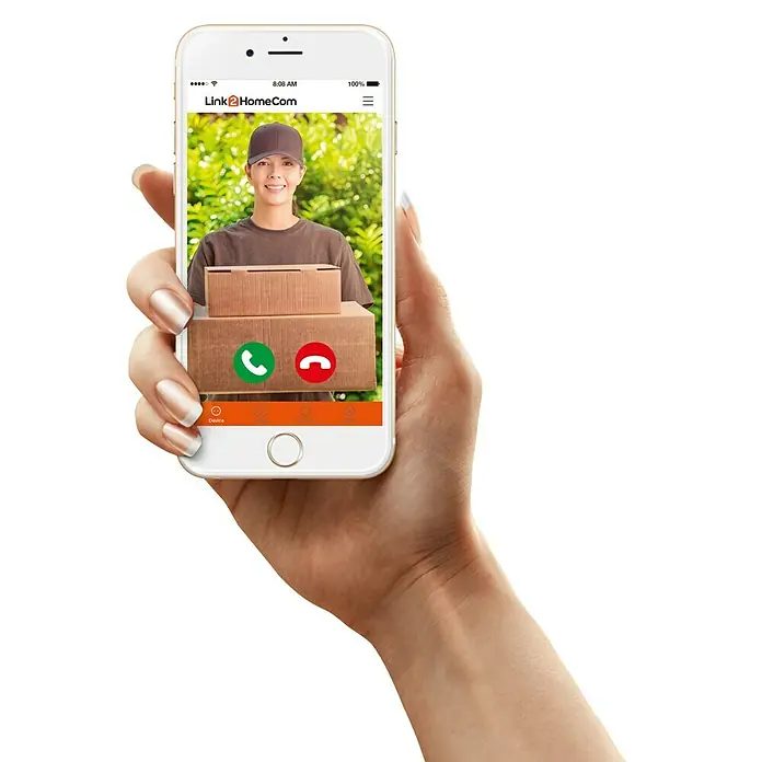 REV WiFi-Türsprechanlage L2H - Grau, Frequenz: 868 MHz - Smartphone-Ansicht einer Link2HomeCom-App mit einer Lieferperson, die Pakete hält, wobei die Optionen zum Annehmen oder Ablehnen des Anrufs angezeigt werden.