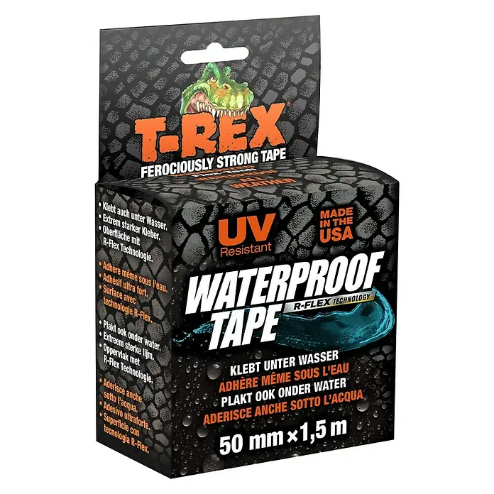 T-Rex Reparaturband Waterproof Tape - Schwarz, 1,5 m x 50 mm - T-Rex Waterproof Tape: Starkes, wasserfestes Klebeband mit UV-Schutz, ideal für Reparaturen im Innen- und Außenbereich.