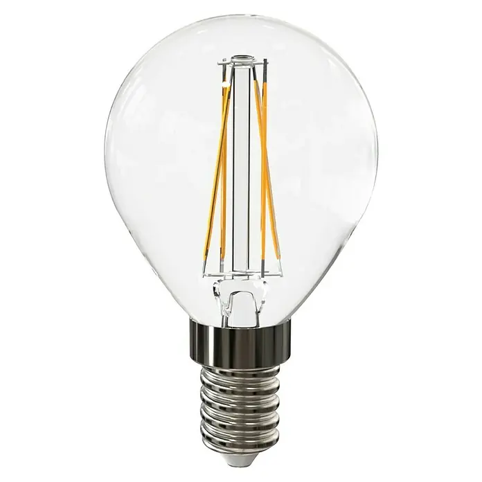 Garza Bombilla LED Clase A - E14, No regulable, Blanco cálido, 470 lm, 40 W - Primer plano de una bombilla LED de filamento transparente, que combina eficiencia energética con diseño moderno, ideal para iluminación ambiental.