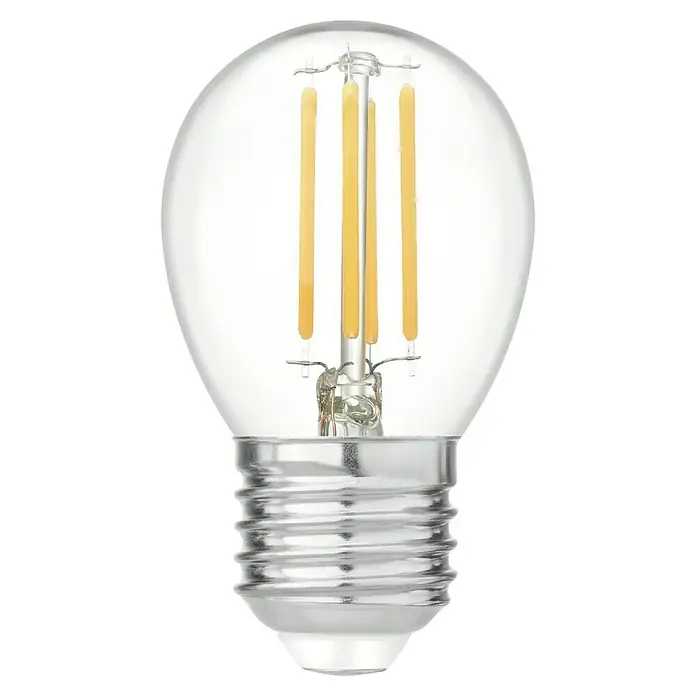 Garza Bombilla LED vela - E14, No regulable, Blanco cálido, 470 lm, 40 W - Primer plano de una bombilla de filamento LED clara con una base plateada. La bombilla emite una luz cálida y acogedora.