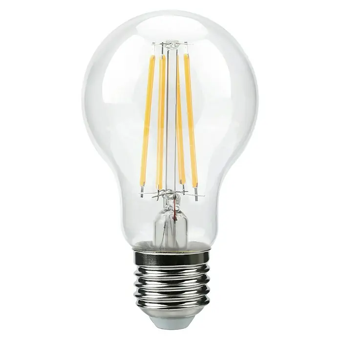 Garza Bombilla LED STD Clase A - E27, No regulable, Blanco cálido, 810 lm, 60 W - Primer plano de una bombilla LED transparente que muestra sus filamentos, emitiendo un brillo cálido y acogedor.