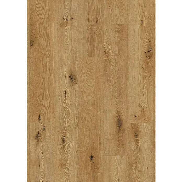 LOGOCLIC Edition Laminatmuster Riverside - 300 x 245 x 7 mm, Landhausdiele - Nahaufnahme von hellbraunem Holzlaminatboden mit Astlöchern und Maserung.