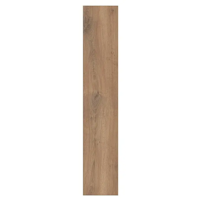 LOGOCLIC Edition Laminat - Sundance Oak, Landhausdiele, 1.288 x 245 x 8 mm - Nahaufnahme einer einzelnen Diele aus Laminatboden mit einem realistischen Holzmaserungsmuster in warmen Brauntönen.