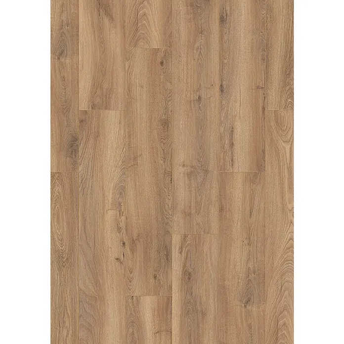 LOGOCLIC Edition Laminat - Sundance Oak, Landhausdiele, 1.288 x 245 x 8 mm - Nahaufnahme von Laminatboden in warmen Holztönen mit deutlicher Maserung für ein natürliches Aussehen. Ideal für stilvolle Innenräume.