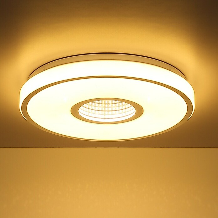 Globo LED-Deckenleuchte rund Astania (Farbe Gehäuse: Weiß, Ø x H: 38 x 6,5 cm, Tunneleffekt mittig, und Kristall-Sand, Warmweiß) | BAUHAUS