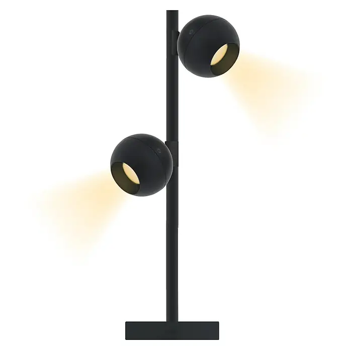 REV Standfuß für Magnet-Spots 4Fach - L x B x H: 200 x 200 x 1.300 mm - Eine Stehlampe mit zwei kugelförmigen Lampenköpfen, die warmes Licht ausstrahlen und eine moderne Ästhetik bieten.