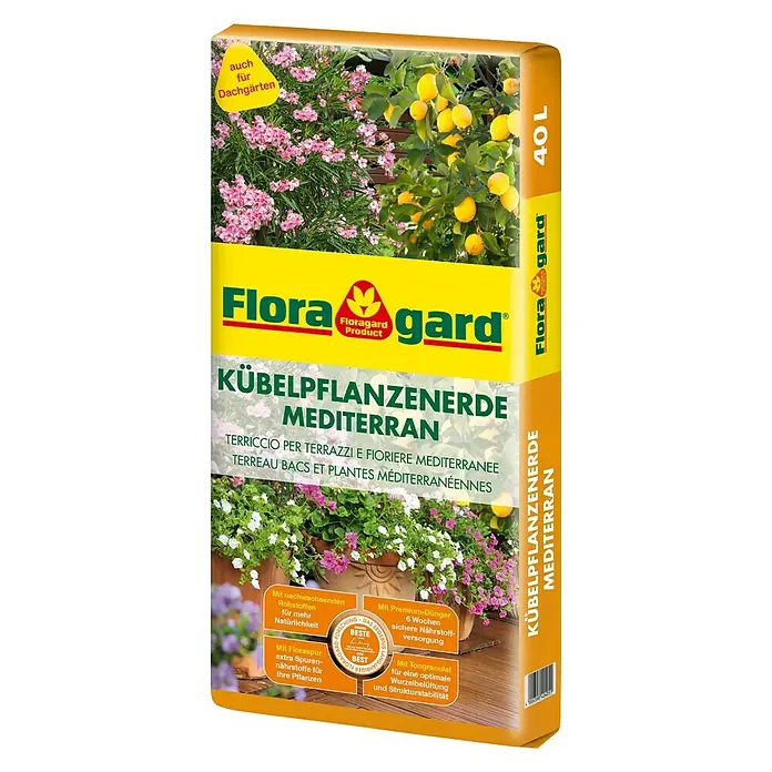 Floragard Kübelpflanzenerde - 40 l - Ein Sack Flora Gard Kübelpflanzenerde Mediterran, ideal für mediterrane Pflanzen in Kübeln und Töpfen.