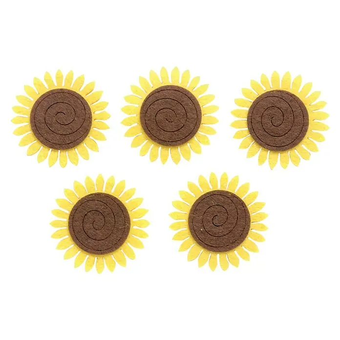 Glorex Hobby Time Filzblumen Sonnenblume - 5 Stk., 5 cm, Filz, Gelb - Fünf dekorative Sonnenblumen-Applikationen mit gelben Blütenblättern und braunem Zentrum für Bastelarbeiten.