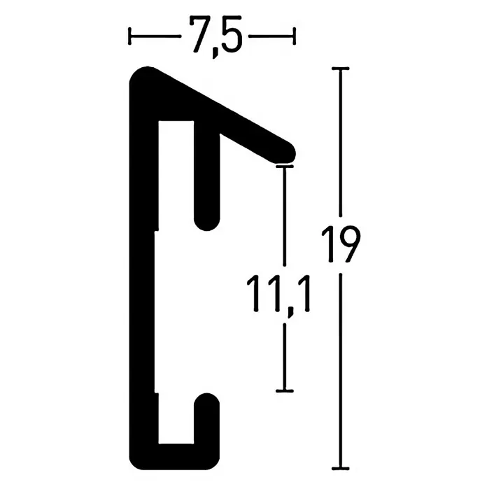 Nielsen Alurahmen Pixel - 15 x 20 cm, Mattsilber - Das Bild zeigt ein technisches Schema des Profils mit den Abmessungen 7,5 mm, 11,1 mm und 19 mm. Die Form ist C-förmig mit einem zusätzlichen hervorstehenden oberen Teil.