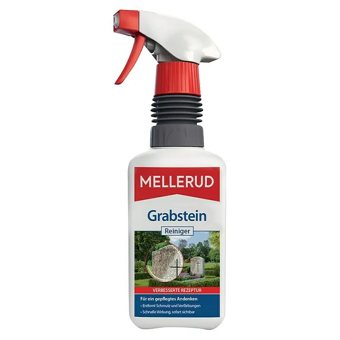 Mellerud Grabstein-Reiniger - 500 ml, Flasche mit Sprühpistole - Bild einer Flasche MELLERUD Grabstein Reiniger, ein Reinigungsmittel für Grabsteine, mit rotem Sprühkopf.