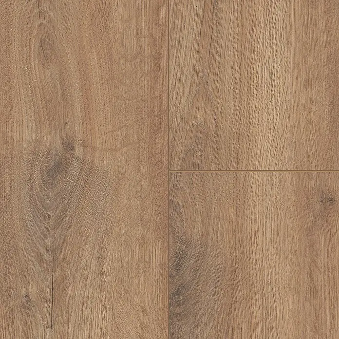 LOGOCLIC Edition Laminat Vinto - Sundance Oak, Landhausdiele, 1.288 x 245 x 8 mm - Nahaufnahme von vier Holzpaneelen mit Maserung und Astlöchern, die ein warmes, rustikales Laminat oder Parkett zeigen.