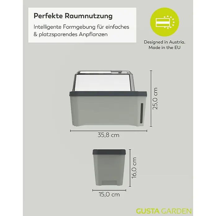 Gusta Garden Anzucht-Set Tomaten-Power - 9 -tlg., Dunkelgrün - Produktbild mit Maßen: Der GUSTA GARDEN Pflanzkasten in Grau, mit den Abmessungen 35,8 x 25,0 cm, und dem passenden Einsatz (15,0 x 16,0 cm).