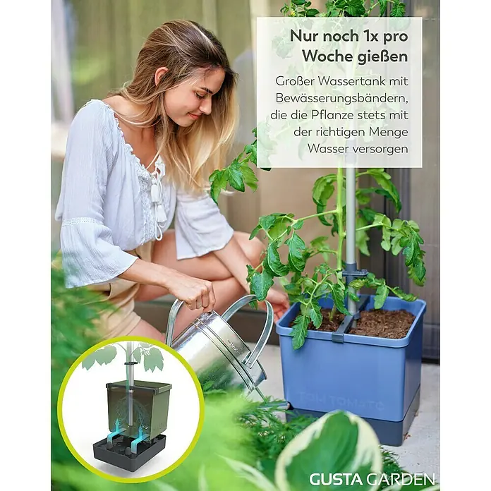 Gusta Garden Anzucht-Set Tomaten-Power - 9 -tlg., Blau - Frau gießt Tomatenpflanze in blauem Tomatenkasten mit Selbstbewässerungssystem von Gusta Garden.