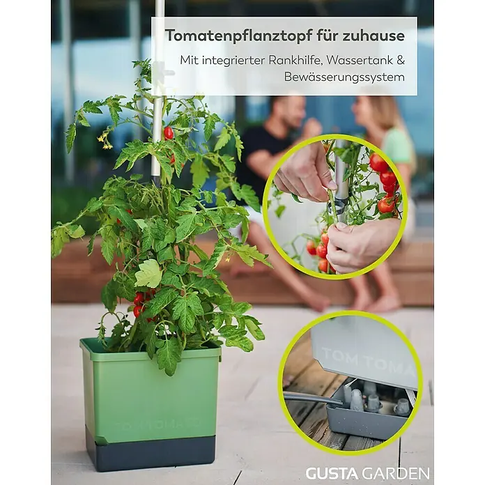 Gusta Garden Anzucht-Set Tomaten-Power - 9 -tlg., Dunkelgrün - Tomatenpflanztopf für den Anbau zu Hause. Komplett mit Rankhilfe, Wassertank und Bewässerungssystem für eine reiche Ernte.