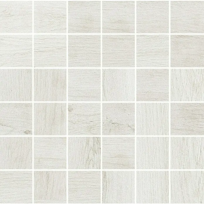 Mosaikfliese Natura - 30 x 30 cm, White, Matt - Helle Holzfliesen in quadratischem Mosaikmuster. Die Fliesen haben eine feine Holzstruktur, ideal für moderne Badezimmer oder Küchen.