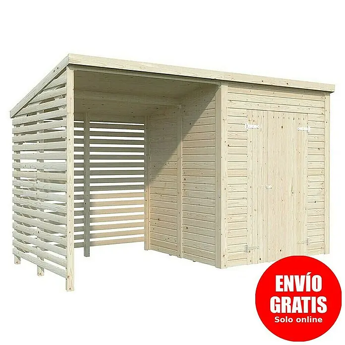 Palmako Caseta de jardín con leñero Leif - Medidas ext. (An x Pr): 377 x 187 cm, Madera, Natural - Imagen de una caseta de madera con cochera integrada y doble puerta, ideal para guardar herramientas de jardinería.