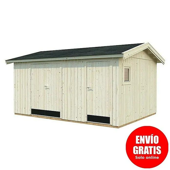 Palmako Caseta de jardín Olaf - Medidas ext. (An x Pr): 505 x 368 cm, Madera, Natural - Imagen de una caseta de jardín de madera con puertas dobles y una pequeña ventana. Ideal para guardar herramientas de jardinería.