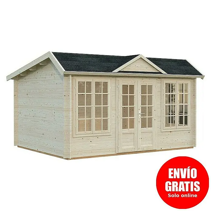Palmako Caseta de jardín Claudia Baja - Medidas ext. (An x Pr): 440 x 346 cm, Madera sin tratar, Natural - Caseta de jardín de madera con puertas dobles y ventanas. La caseta ofrece espacio de almacenamiento adicional y es un punto focal en el jardín.