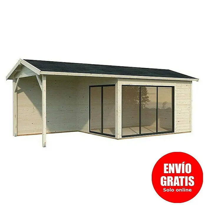 Palmako Caseta de jardín Amanda Slide - Medidas ext. (An x Pr): 712 x 340 cm, Madera, Natural, Incluye terraza lateral - Imagen de una moderna caseta de jardín de madera con grandes ventanales y un dosel.