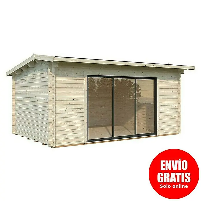 Palmako Caseta de jardín Ines Slide Plus - Medidas ext. (An x Pr): 524 x 379 cm, Madera sin tratar, Natural - Imagen de una caseta de jardín de madera con puertas correderas y una pegatina roja de "Envío gratis".