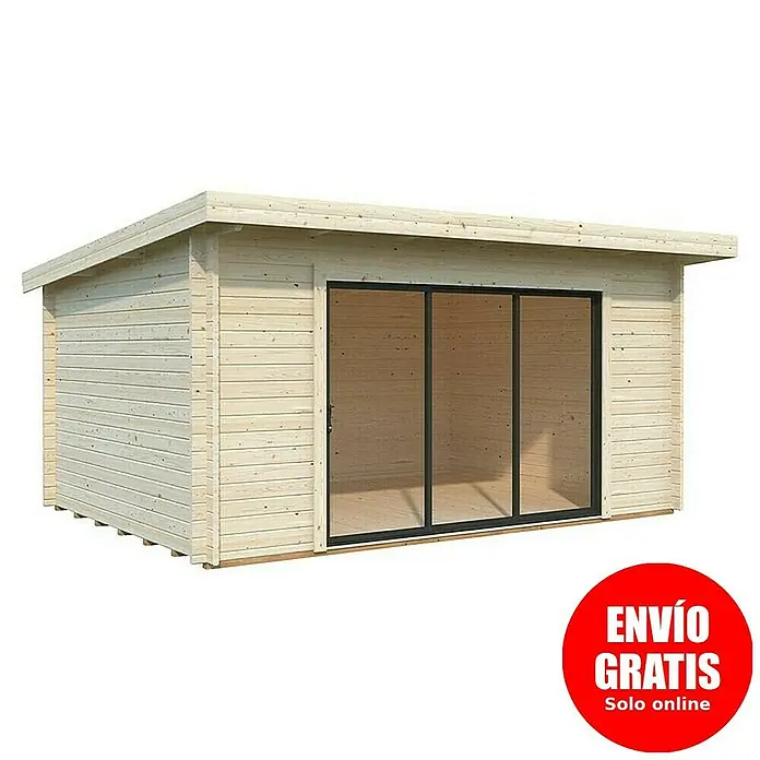 Palmako Caseta de jardín Lea Slide - Medidas ext. (An x Pr): 494 x 402 cm, Madera, Natural - Esta imagen muestra una caseta de jardín moderna de madera con una puerta corredera y un techo plano. Ideal para tu jardín.